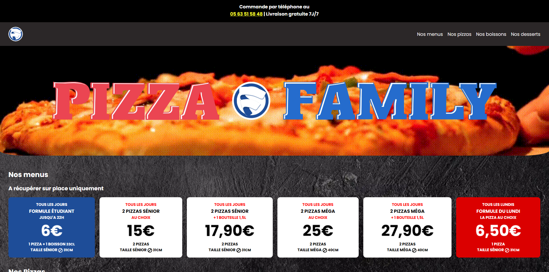 Projet web réalisé pour Pizza Family, présentation de la carte